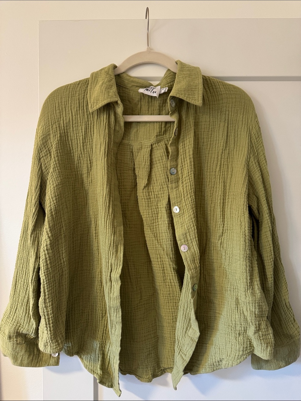 Princess Polly Light Olive Green Crinkle Button-Up Shirt